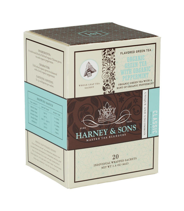 Organic Green Tea with Organic Peppermint, 6 Boxes per case - 20 Wrapped Sachets per box